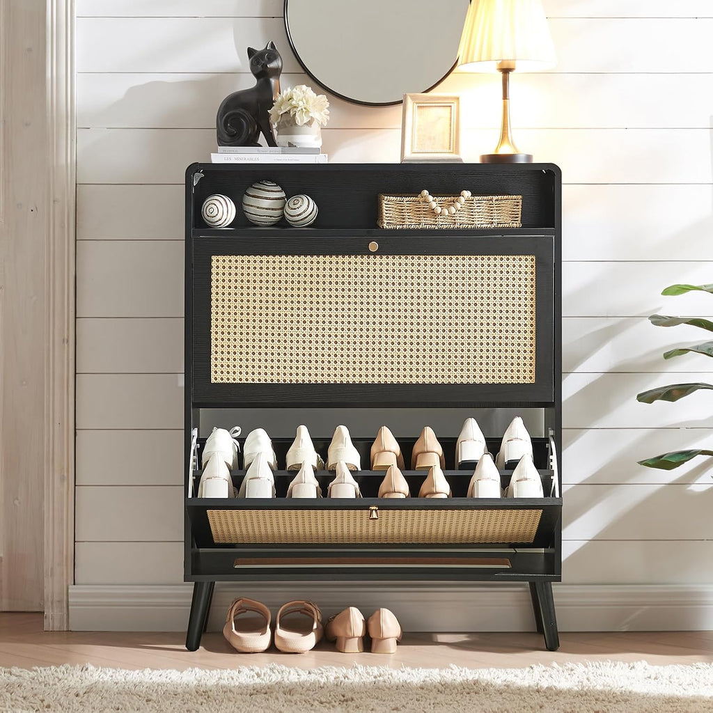 Shoe Storage Cabinet with 2 Flip Drawer Natural Rattan Shoe Cabinet Organizer Freestanding Wooden Shoe Rack Storage Cabinet with Metal Legs for Entryway Hallway Bedroom Mudroom(Black)