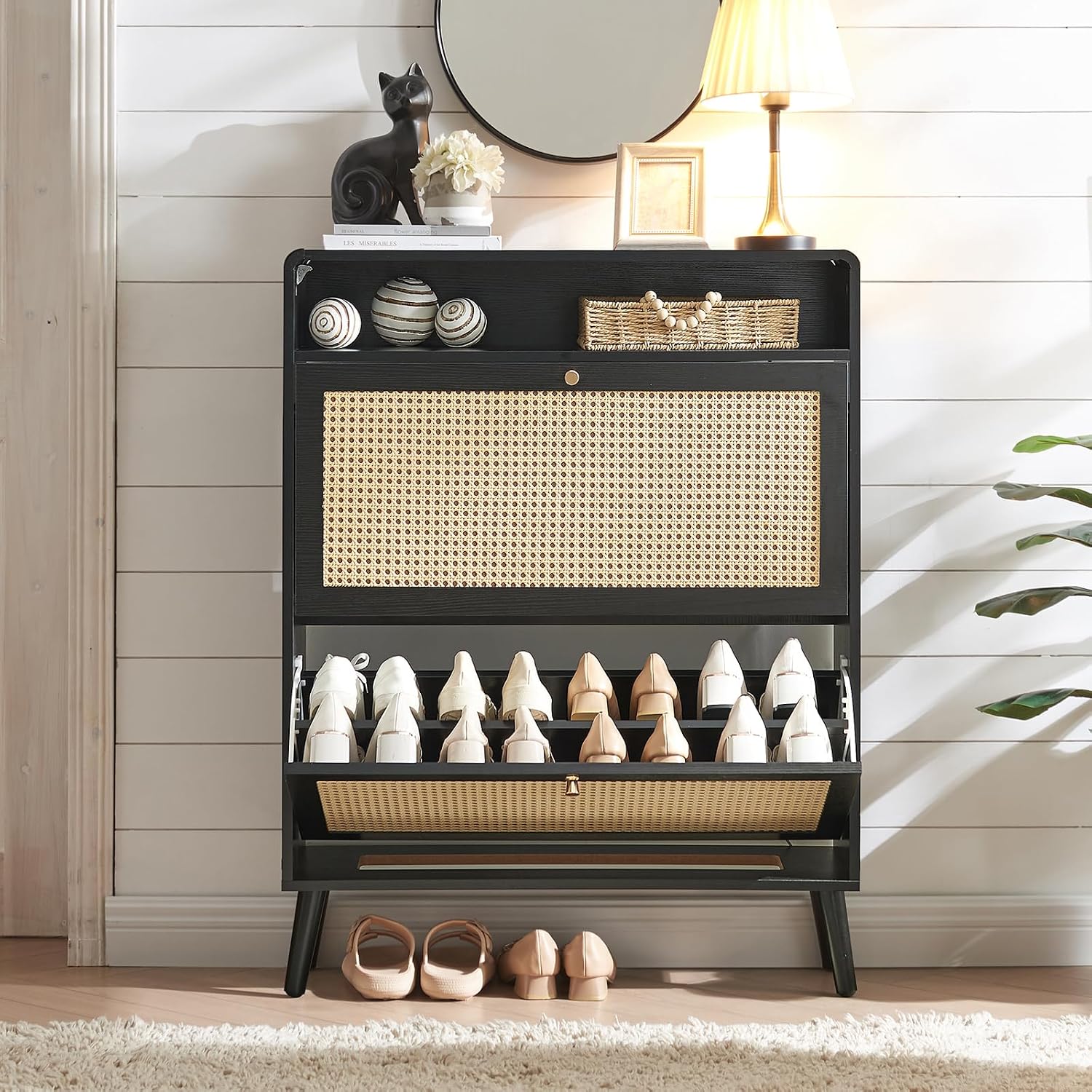 Shoe Storage Cabinet with 2 Flip Drawer Natural Rattan Shoe Cabinet Organizer Freestanding Wooden Shoe Rack Storage Cabinet with Metal Legs for Entryway Hallway Bedroom Mudroom(Black)
