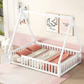 Bellemave Full Size Tent Floor Bed for Kids,Montessori Floor Bed with Door and Guardrails,Wood Floor Bed with Slats,Teepee Bed for Girls Boys(Full,White)
