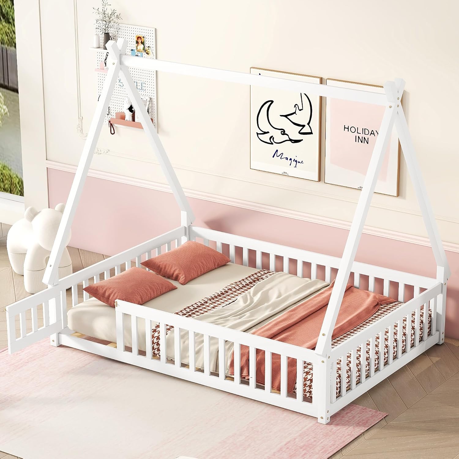 Bellemave Full Size Tent Floor Bed for Kids,Montessori Floor Bed with Door and Guardrails,Wood Floor Bed with Slats,Teepee Bed for Girls Boys(Full,White)