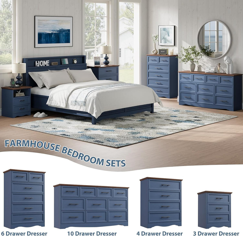 YANSNWO Blue Nightstand with Charging Station, Farmhouse End Table with 2 Drawers, Bedside Table with Space-Saving Storage Cabinet, Unique Base Design for Bedroom, Living Room