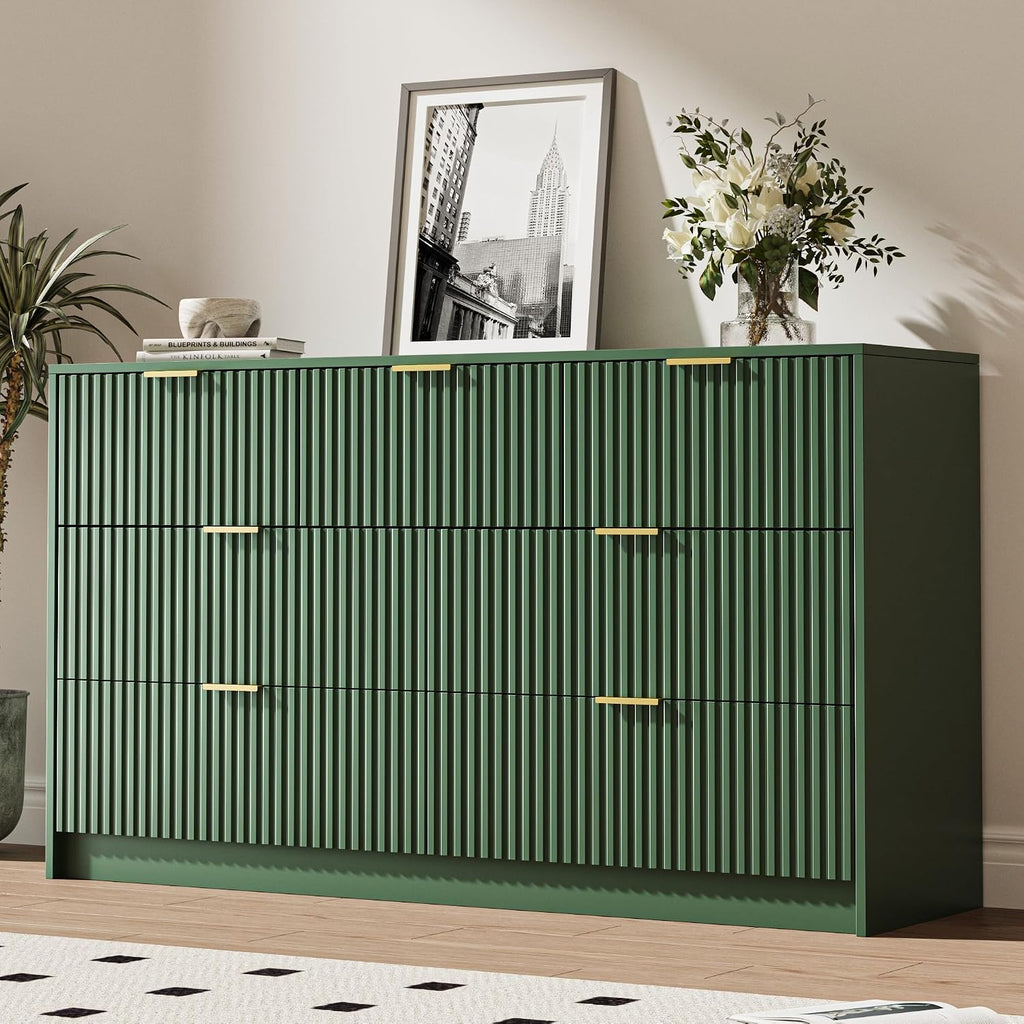 MAISONARIA Green 7 Drawer Dresser for Bedroom, 55.9' Wide Modern Fluted Dresser with Gold Metal Handles, Wide Chest of Drawers for Bedroom, Living Room, Entryway, Hallway
