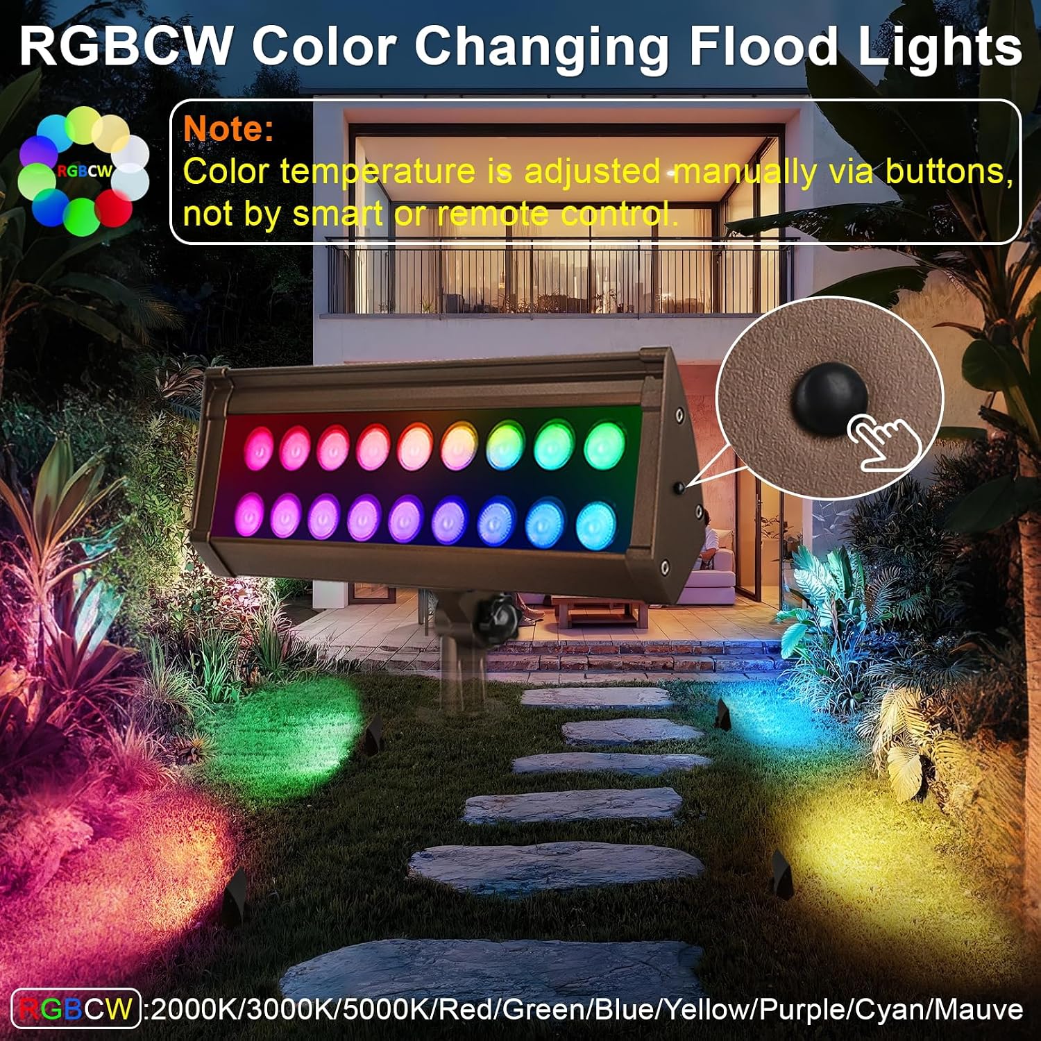 RGB Flood Lights Outdoor, 12V 9W LED Wired RGB Color Changing Low Voltage Landscape Flood Lighting for Outdoor Wall Washer House Uplight Tree, 1/2' NPT Threaded with Stake, Bronze, ETL, 4PK