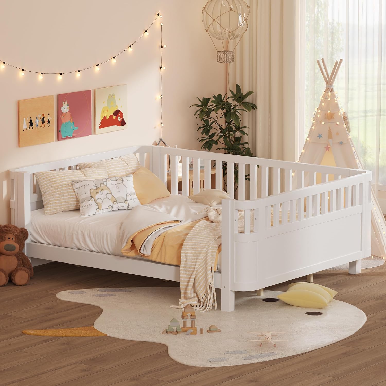 Harper & Bright Designs Queen Size Kids Montessori Bed Frame, Solid Wood Low Profile Bed with Detachable Fence, Rounded Corners & Protective Design, Modern Daybed for Boys, Girls, White