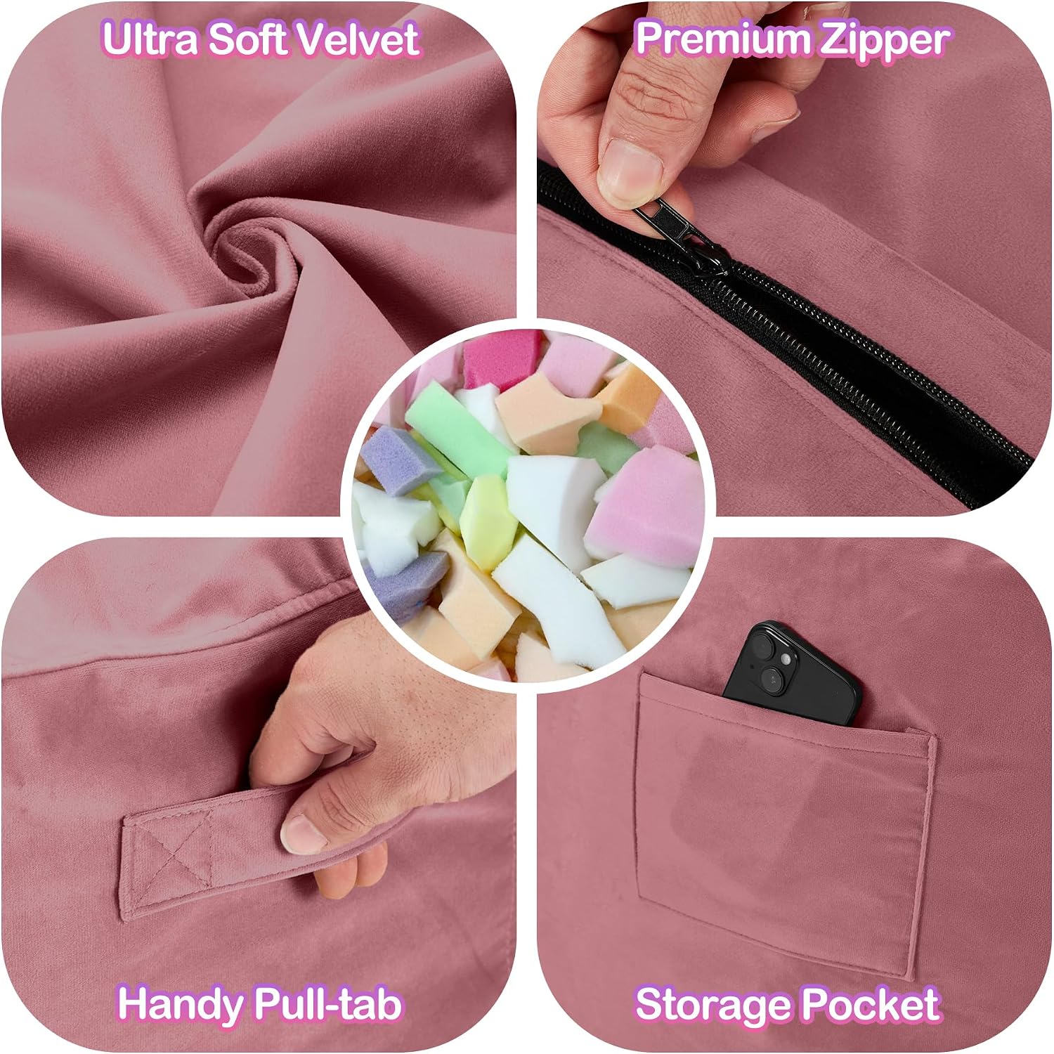 Homguava 5 FT Bean Bag Chair: 5' Bean Bags with Memory Foam Filled, Large Beanbag Chairs Soft Sofa with Dutch Velvet Cover-Dusty Pink