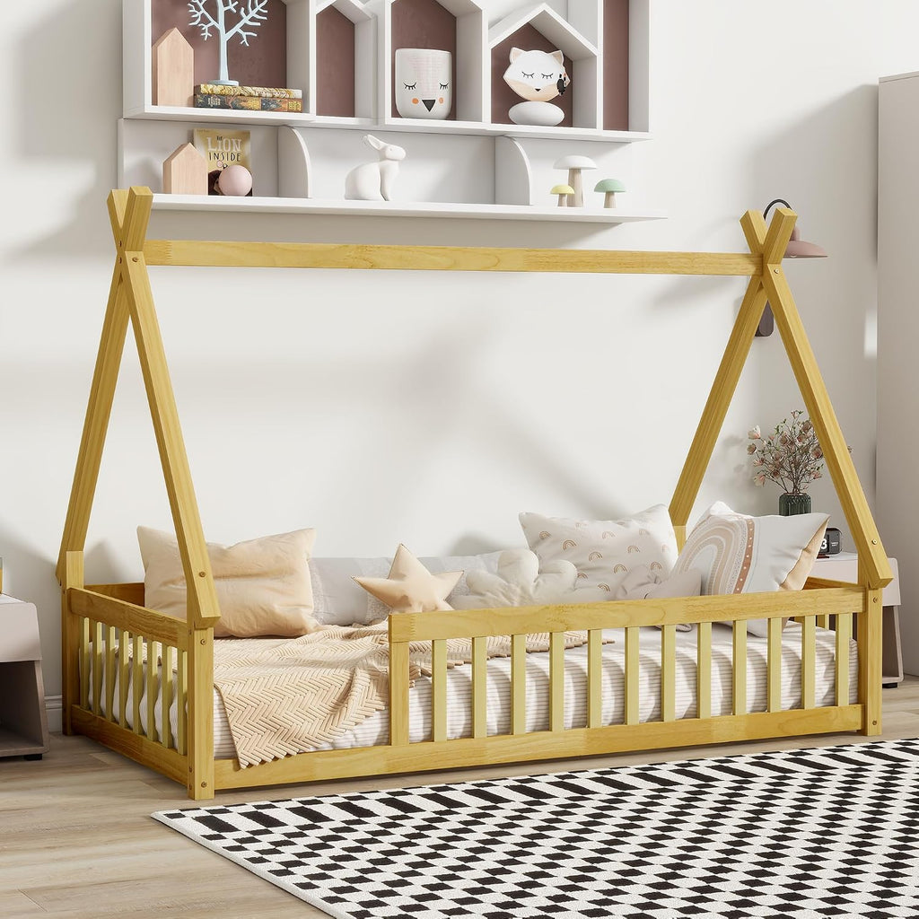 Twin Size Tent Floor Bed for Kids,Teepee Montessori Floor Bed with Fence and Slats for Girls Boys,Natural