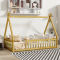 Twin Size Tent Floor Bed for Kids,Teepee Montessori Floor Bed with Fence and Slats for Girls Boys,Natural