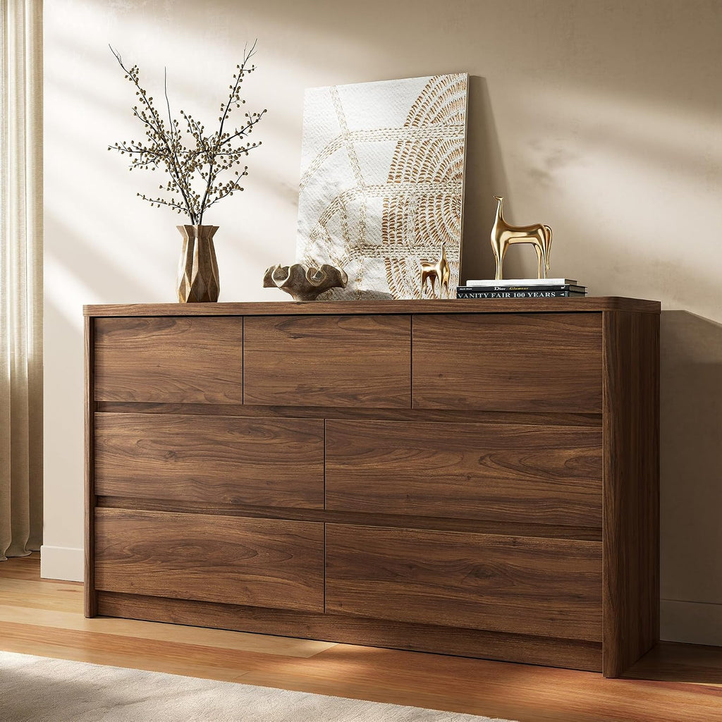 3 Pieces Bedroom Set, 55 Inch Width 7-Drawer Dresser & 2-Drawer Nightstands Set of 2,Nightstand with USB Nightstand with USB&Type C Charging Station&Outlets,Modern Design for Bedroom, Walnut