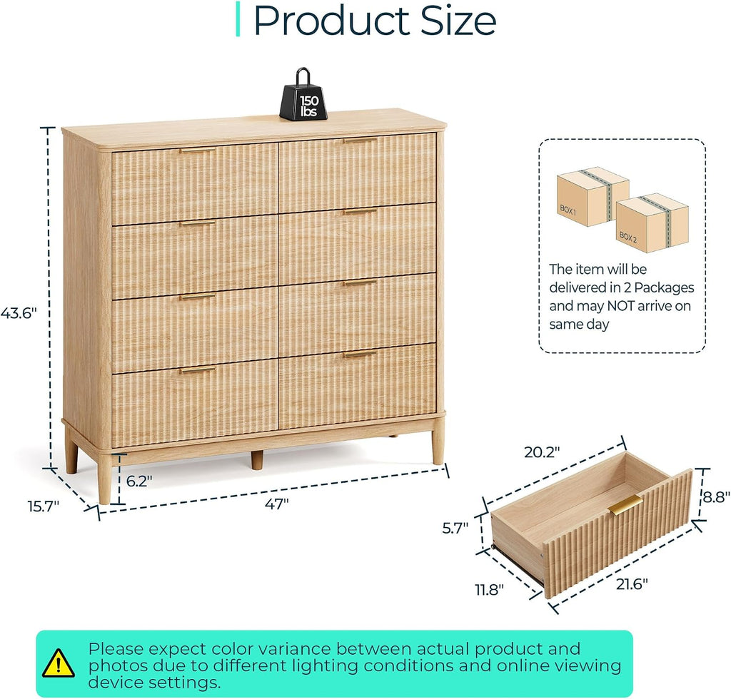 LINSY Fluted 8 Drawer Dresser for Bedroom, 47' Wide Mid-Century Modern Tall Chest of Drawers, Curved Corner Design, Storage Dressers with Deep Drawers, Large Accent Wood Cabinet for Bedroom, Oak