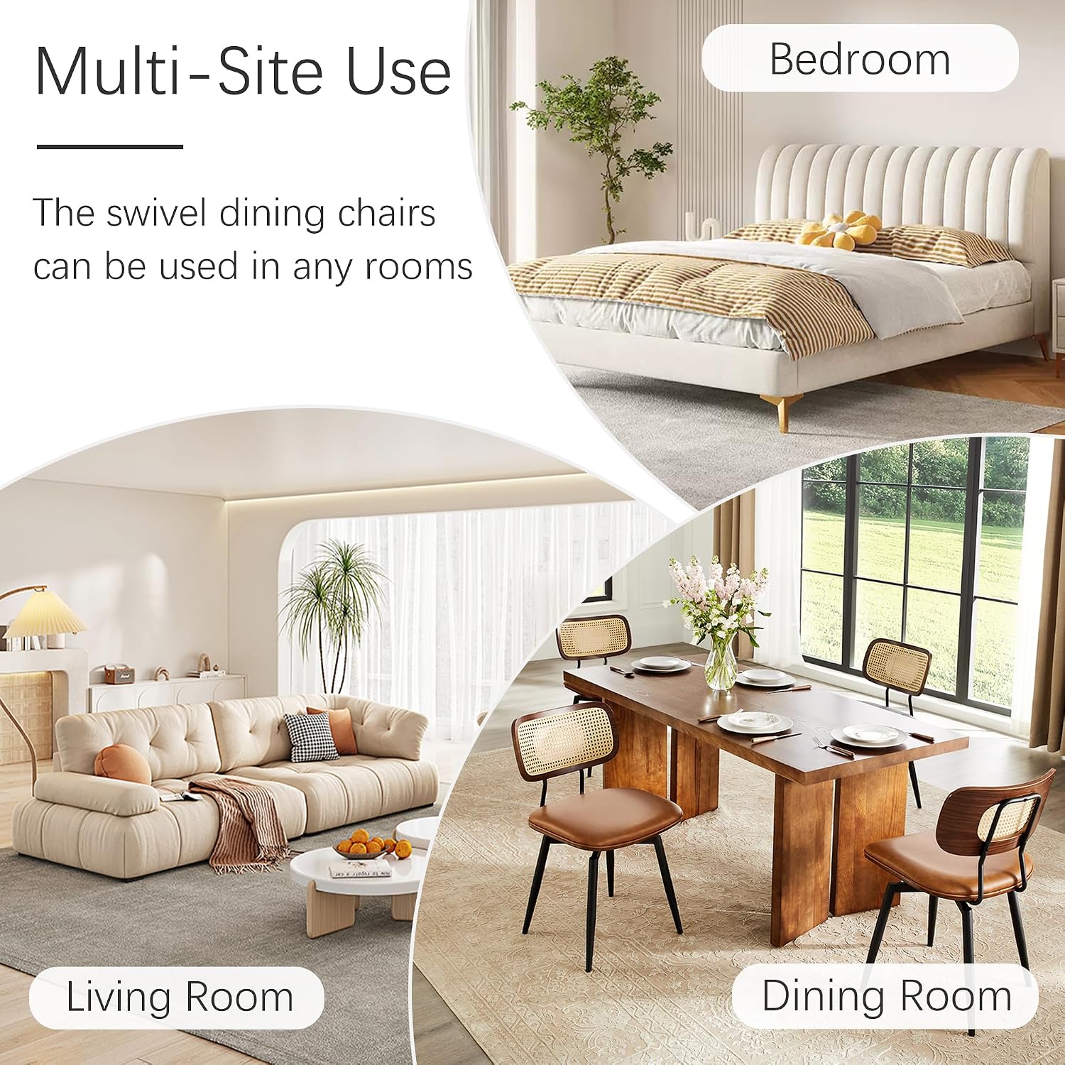 Dining Chairs, Swivel Dining Chairs Set of 4, Faux Leather & Rattan Walnut Dining Room Chairs, Bentwood & Metal Frame Upholstered Chairs with 360°Rotation, Modern Kitchen/Living Room Chair (Brown)