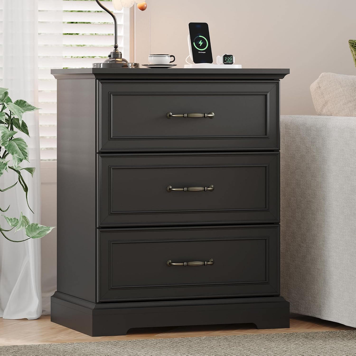 Farmhouse 3 Drawers Dresser for Bedroom, 24' Wide Modern Chest of Drawers with Deep Drawers & Bar Handles, Rustic Wood Nightstand, Wooden Closet Storage Organizer for Living Room, Hallway, Black