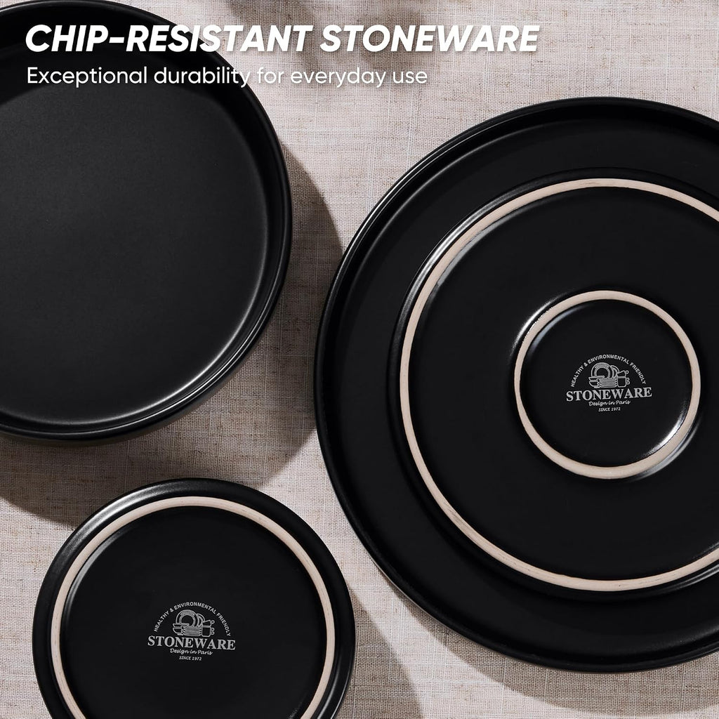 E-far Black Dinnerware Sets with Pasta Bowls, 24-Piece Stoneware Plates and Bowls Sets for 6 | Microwave & Dishwasher Safe Kitchen Modern Dish Set, Matte Black