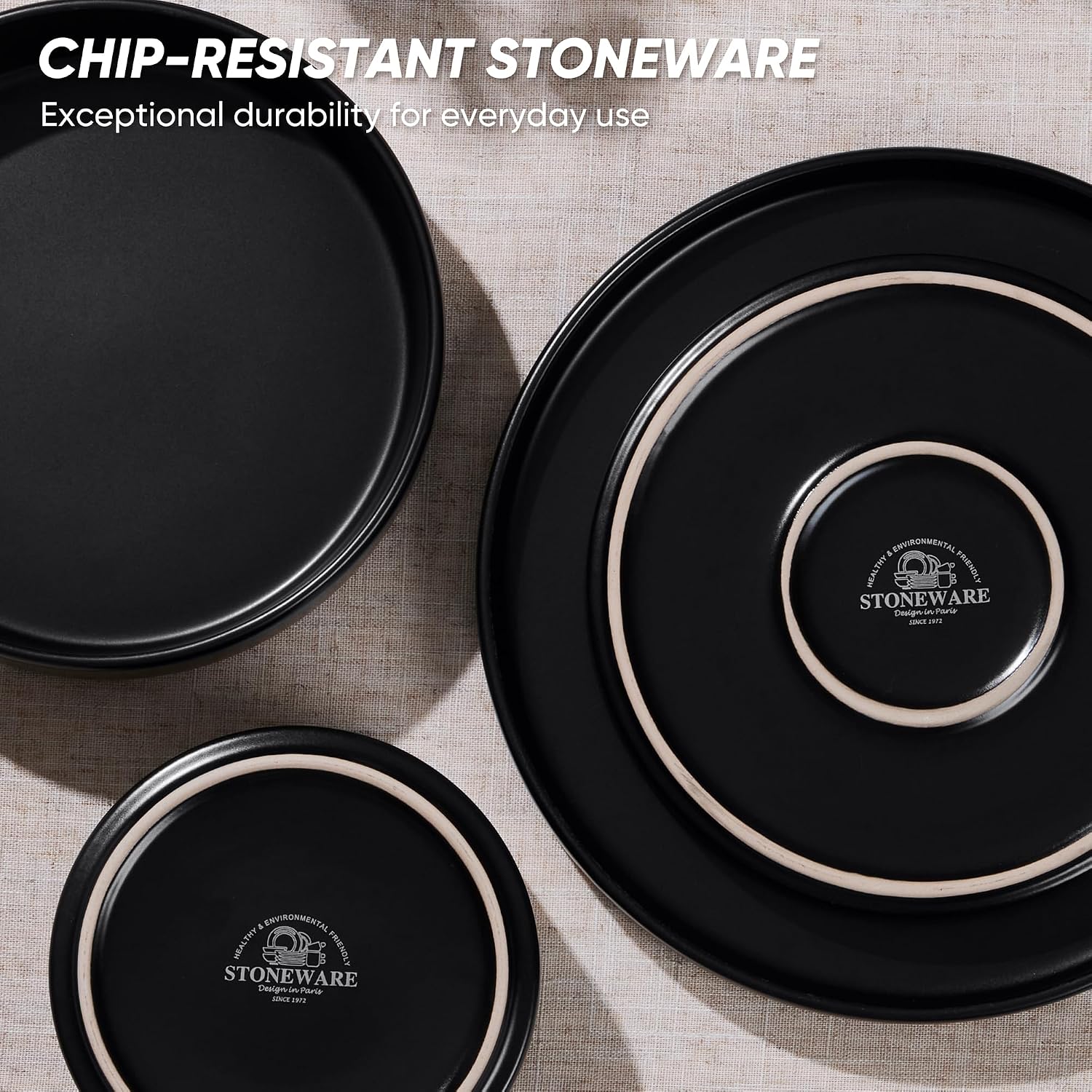 E-far Black Dinnerware Sets with Pasta Bowls, 24-Piece Stoneware Plates and Bowls Sets for 6 | Microwave & Dishwasher Safe Kitchen Modern Dish Set, Matte Black