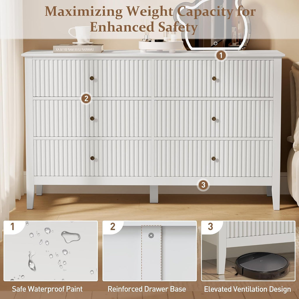 RoyalCraft White 6 Drawer Dresser for Bedroom, Fluted Painted Wood Chest of Drawers, Modern TV Stand Storage Cabinet for Living Room, Entryway, 47' W x 16' D x 32' H