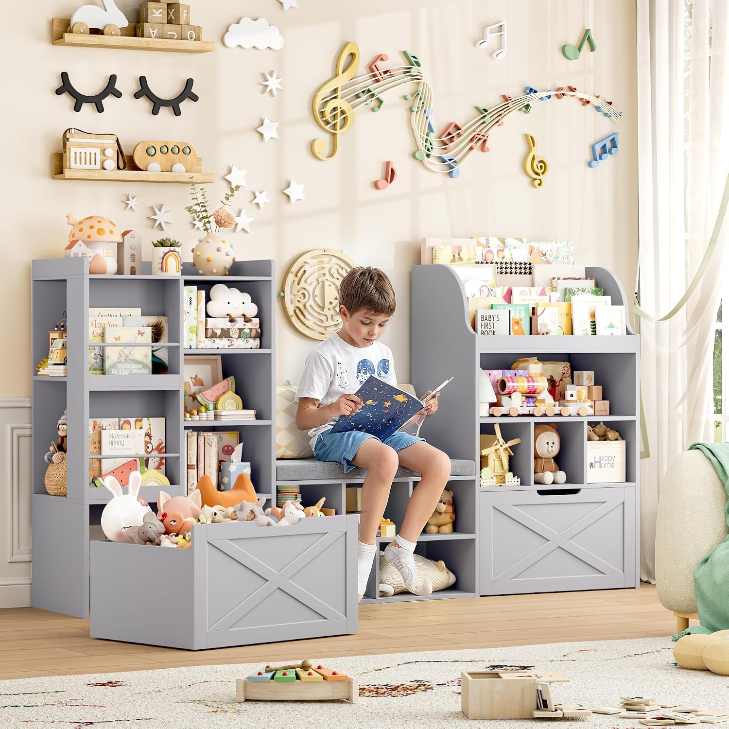 FINETONES 75' W Kids Bookshelf with Reading Nook, Large Toy Storage Toy Organizer with Seat Cushion and 2 Movable Drawers, Kids Reading Nook Kid Bench for Playroom Living Room, Grey