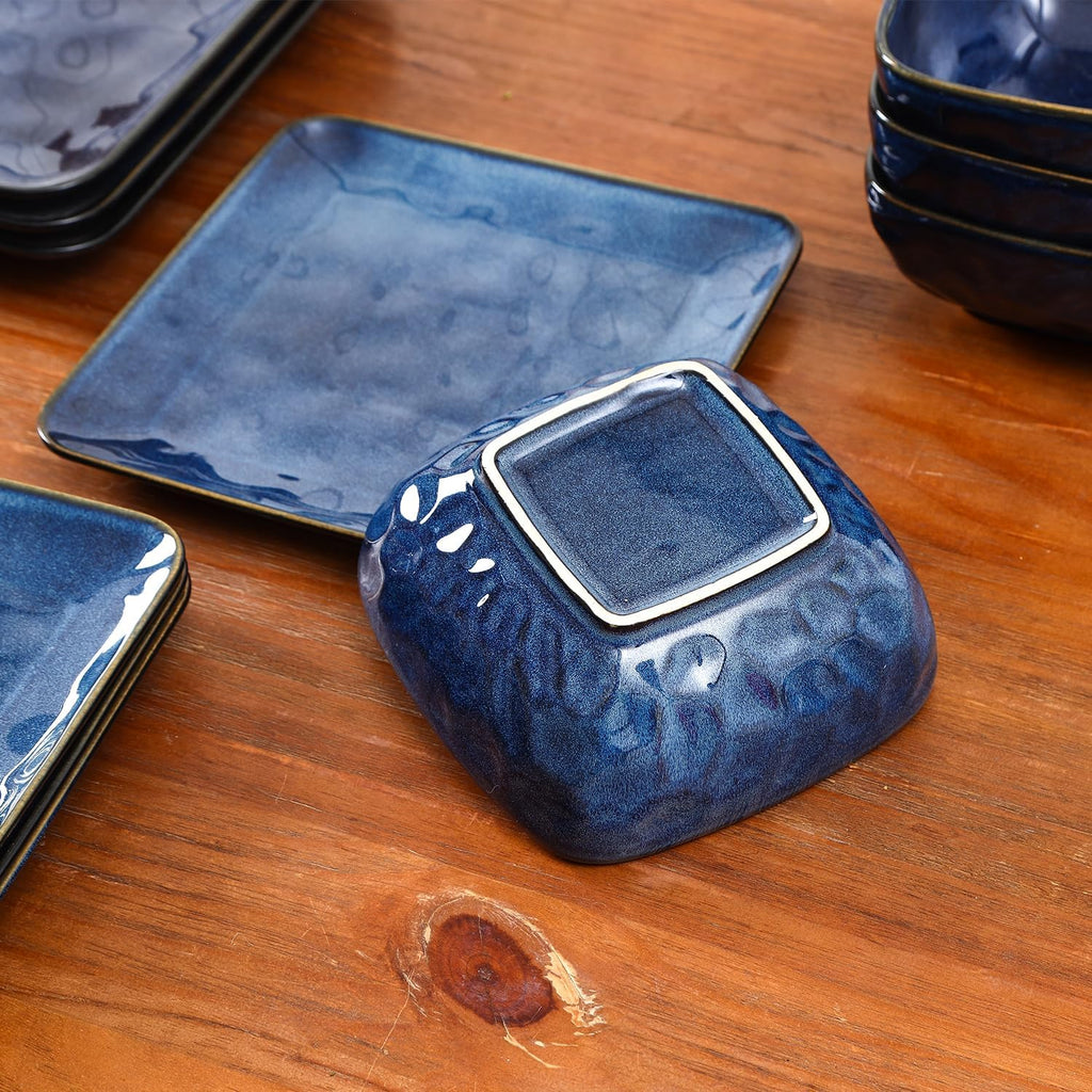 Vicrays Ceramic 24 Pieces Square Dinnerware Set - Dinner Plates Salad Plates Cereal Bowls Set Service for 8 - Scratch Resistant Microwave Oven Dishwasher Safe - Blue
