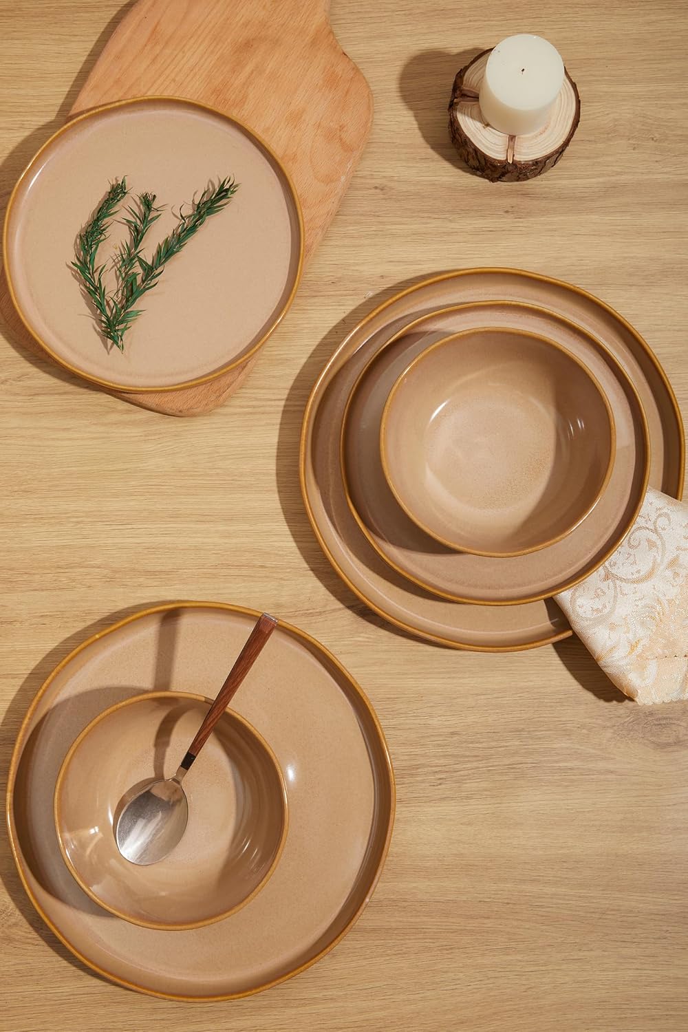FOBENTA Handcrafted Dish Set for 8,24 Piece Rustic Brown Ceramic Plates and Bowls Set – Vintage-Inspired Dinnerware Sets for Hosting & Everyday Warmth