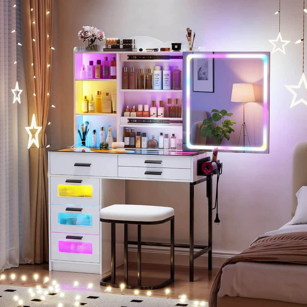 Glass Top Makeup Vanity Desk with RGB LED Light & Adjustable Mirror, Modern Makeup Dresser with Charging Station,Vanity Table Set with 6 Drawers & Hair Dryer Holder for Bedroom,White