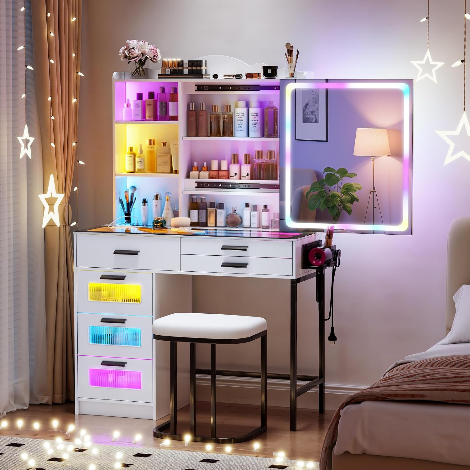 Glass Top Makeup Vanity Desk with RGB LED Light & Adjustable Mirror, Modern Makeup Dresser with Charging Station,Vanity Table Set with 6 Drawers & Hair Dryer Holder for Bedroom,White