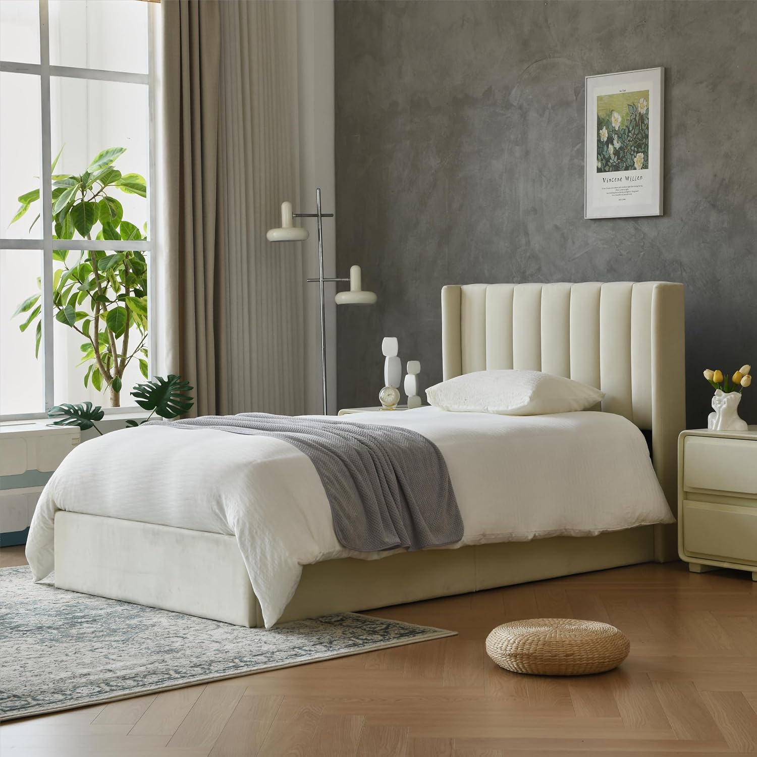 YUHUASHI Queen Size Hydraulic Storage Bed, Upholstered Platform Bed Frame, Modern Wingback Design Headboard, Velvet Fabric with Hydraulic Support Bars, No Box Spring Required (Cream, Twin)