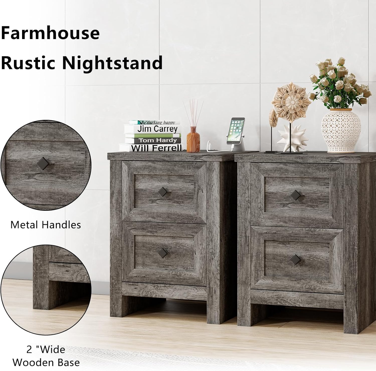 LUXOAK 3 Pieces Farmhouse Bedroom Set, Includes Full Size Lift Up Storage Bed Frame with LED Lights and Linen Upholstered Headboard, Nightstand Set of 2 with Charging Station, Grey