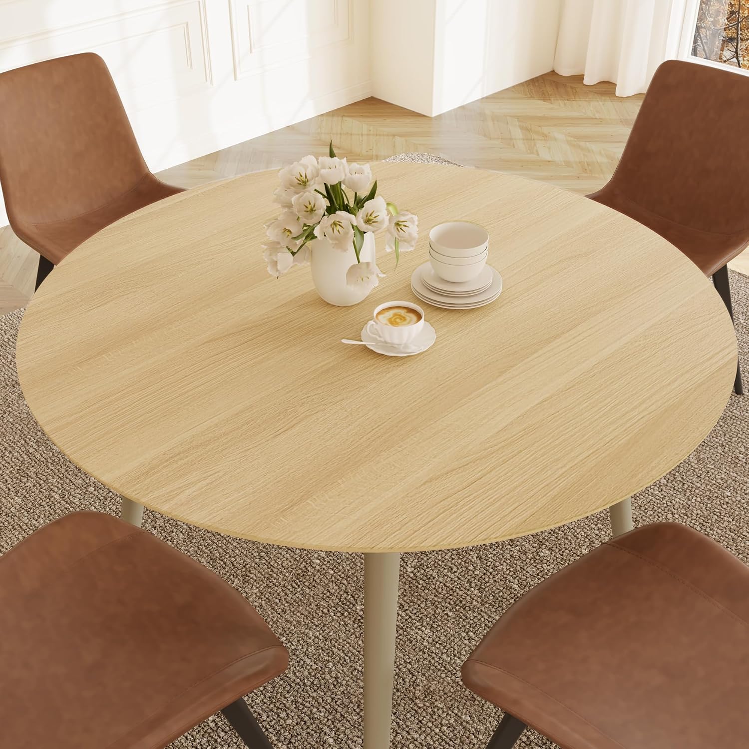 HIPIHOM 43.3 Inch Round Dining Table Set for 4, Modern Small Kitchen Coffee Set for Dining Room Kitchen Apartment (Cream Table + 4 Brown Chairs)
