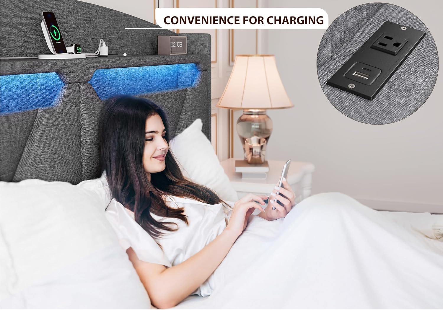 Full Bed Frame with Storage Headboard, Upholstered LED Bed Frame with 2 Storage Drawers Charging Station,Wood Slats Support, No Box Spring Needed, Noise Free, Grey