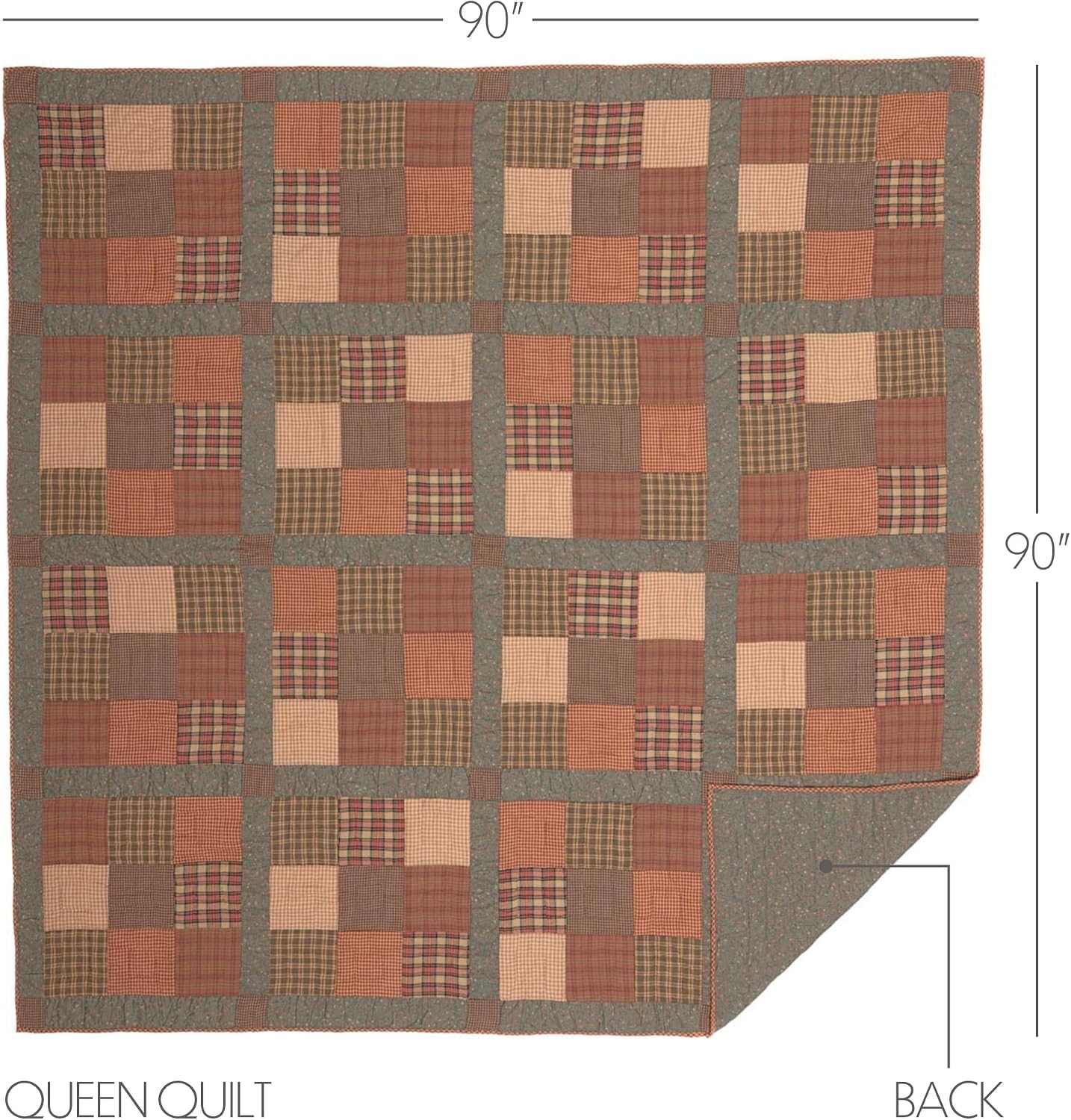 VHC Brands Crosswoods Patchwork Cotton Primitive Bedding Pre-Washed Square Queen Quilt, Dark Olive Green