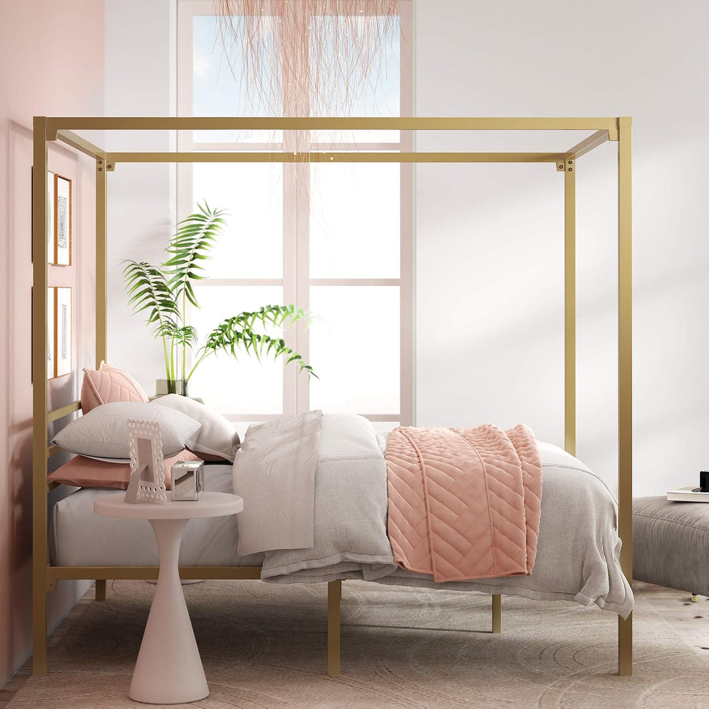 Zinus Patricia Gold Metal Canopy Platform Bed Frame, Mattress Foundation with Steel Slat Support, No Box Spring Needed, Easy Assembly, Queen