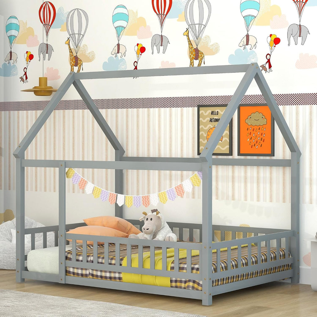 Bellemave Full Size House Floor Bed,Wooden Montessori Bed with Fence and Roof for Kids,Playhouse Full Bed Frame for Girls,Boys(Full,Gray)