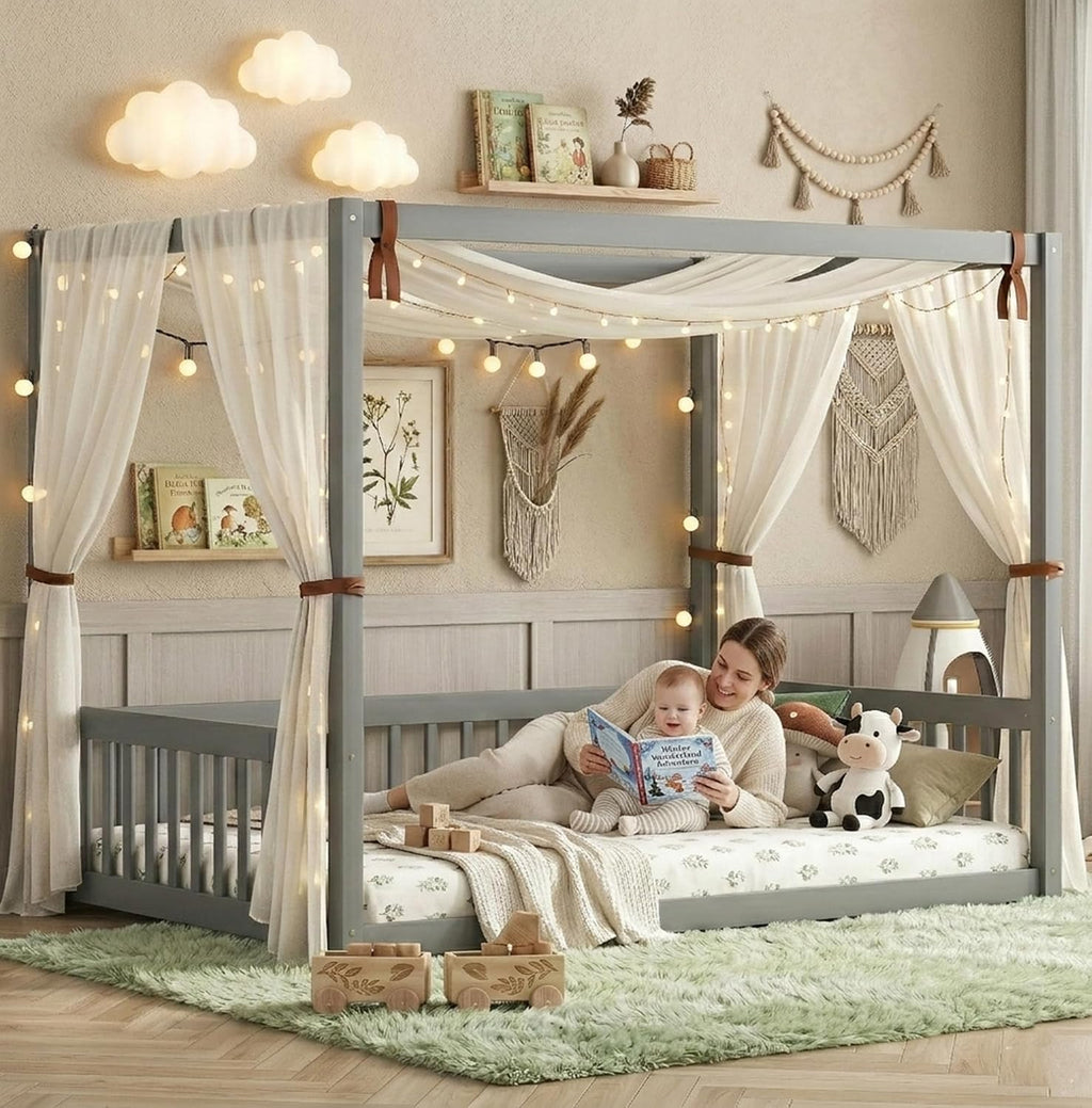 Full Size Canopy Bed Frame with 4 Posters and Guardrails for Kids, Wood Montessori Floor Bed Full Size with High Fence for Girls & Boys, Easy Assemble, Montessori Beds,Gray