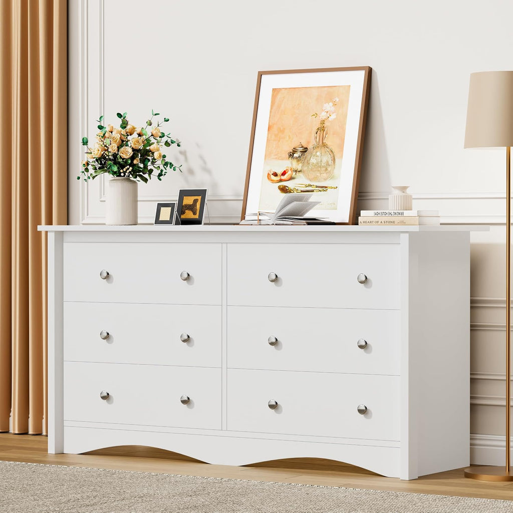 Flamaker Dresser for Bedroom, 6 Drawer Dresser, 47.2'' Wood Dressers, Wide Chest of Drawer, Storage Drawers, Storage Organizer for Closet, Hallway (White)