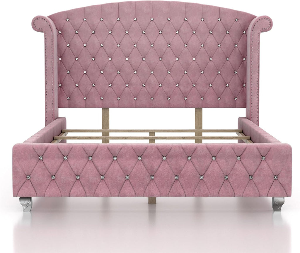 Furniture of America FOA Gijit 3-Piece Pink Fabric Wingback Bedroom Set - Full + 2 Nightstands