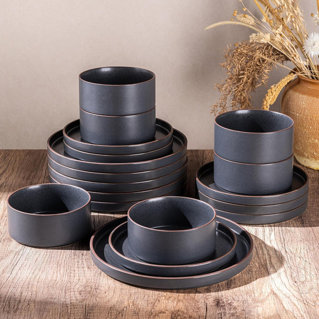 LERATIO Ceramic Dinnerware Sets for 8, High Edge Stoneware Plates and Bowls Set, Chip and Crack Resistant | Oven & Dishwasher & Microwave Safe Dishes Set, Service for 8 -Ashen