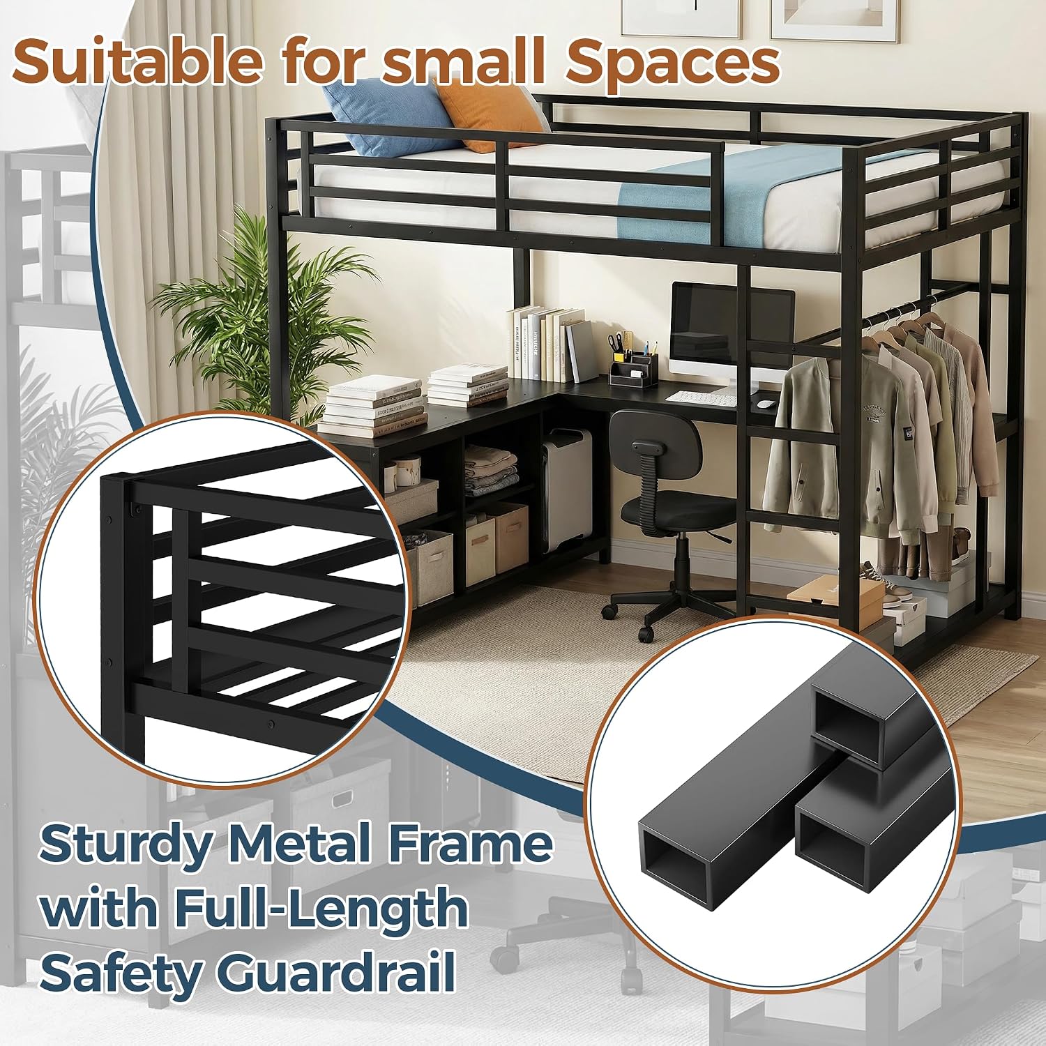 Full Size Loft Bed with Desk and Storage, Metal Loft Bed for Small Spaces,Full Loft Bed Frame for Bedroom,Black