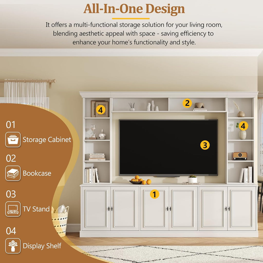 97.4' Entertainment Center Wall Unit with Bookshelves, 4-Piece Modern TV Stand for TVs up to 70' with 6 Doors & Adjustable Shelves for Living Room, White