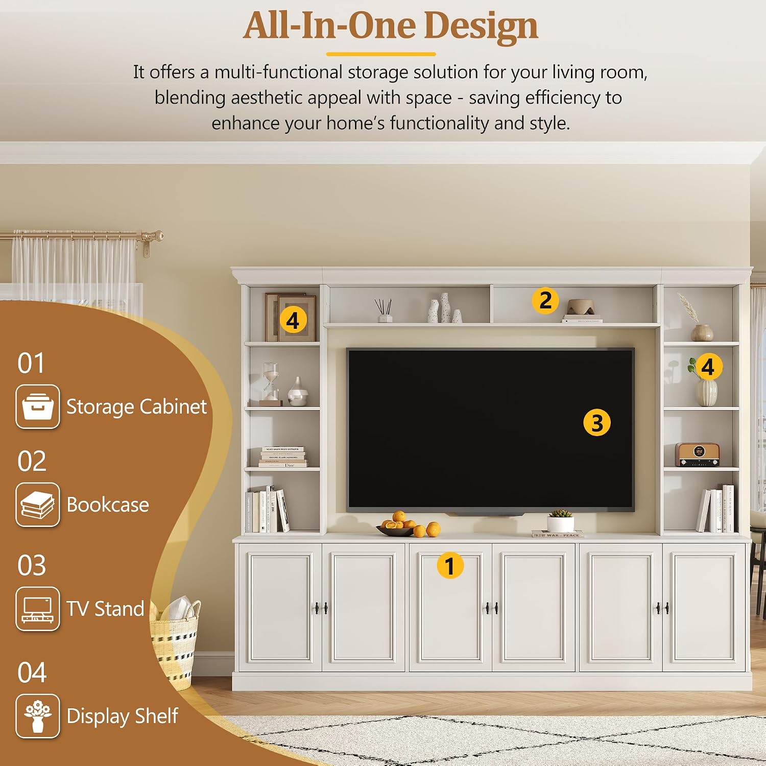 97.4' Entertainment Center Wall Unit with Bookshelves, 4-Piece Modern TV Stand for TVs up to 70' with 6 Doors & Adjustable Shelves for Living Room, White