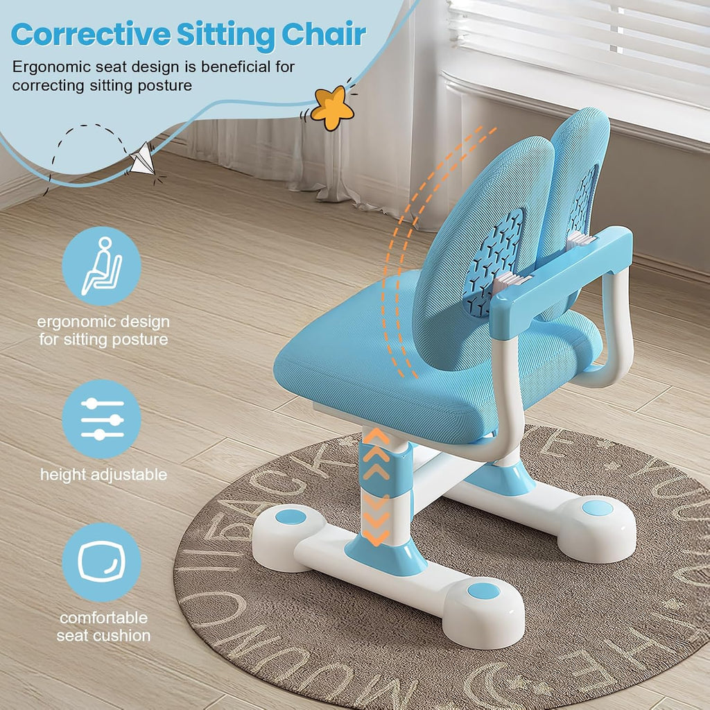 Kids Functional Desk and Chair Set – Ergonomic Height Adjustable Study Desk with One-Touch Tilting Desktop, Book Stand, Reading Rack & Storage Drawer for Children Boys & Girls (Blue)