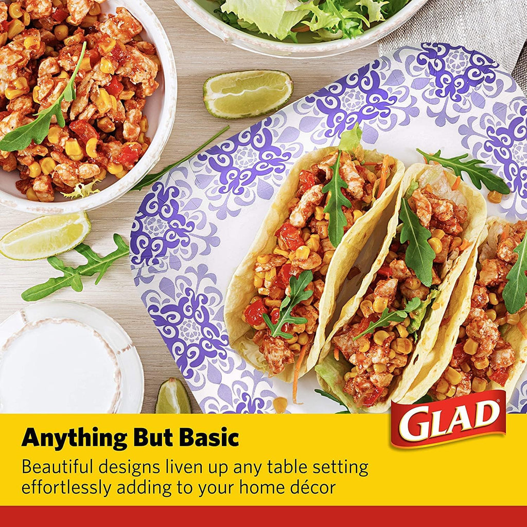 Glad Square Heavy Duty Paper Plates, Soak Proof and Cut Proof Disposable Plates for Parties and Everyday Meals, Microwaveable for Easy Serving, Purple Victorian Pattern, 8.5 Inch, 50 Count - 12 Pack