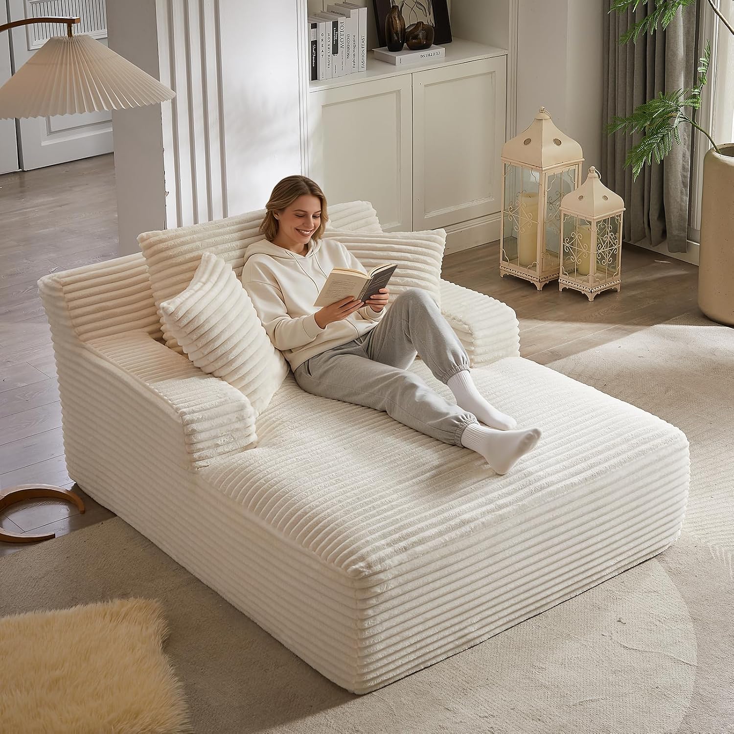 Oversized Chaise Lounge Chair Indoor, 66' Cloud Boneless Sleeper Couch Corduroy Upholstered Sofa Bed Deep Seat Comfy Reading Chair with 3 Pillows for Living Room Bedroom, Beige