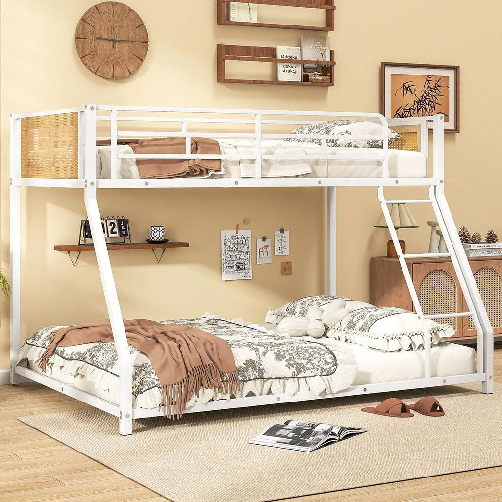 Giantex Twin Over Full Metal Bunk Bed, Boho Rattan Floor Bunkbeds with Ladder & Full-length Guardrails, Heavy Duty Metal Slats Support Bed Frame for Teens, Adults, Guests, No Box Spring Needed (White)