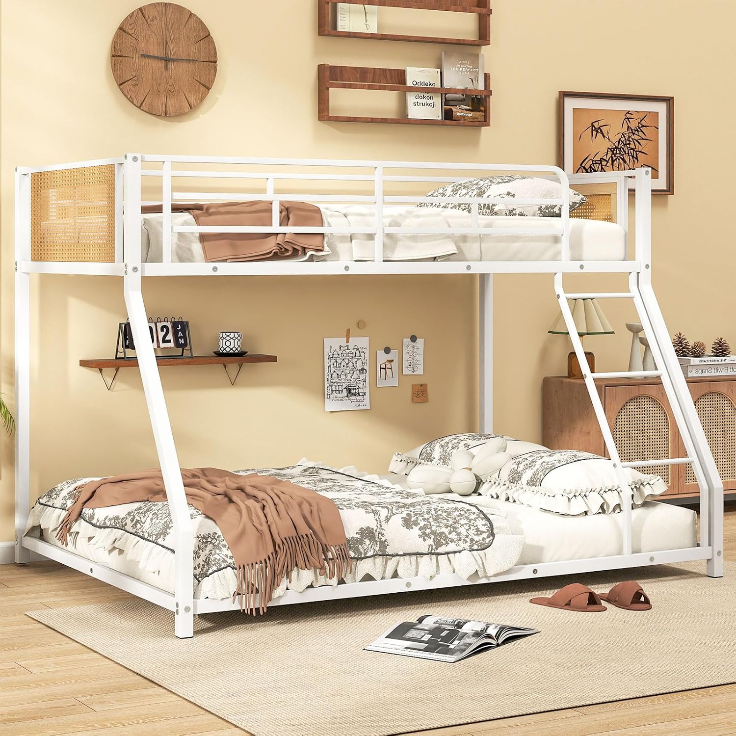 Giantex Twin Over Full Metal Bunk Bed, Boho Rattan Floor Bunkbeds with Ladder & Full-length Guardrails, Heavy Duty Metal Slats Support Bed Frame for Teens, Adults, Guests, No Box Spring Needed (White)