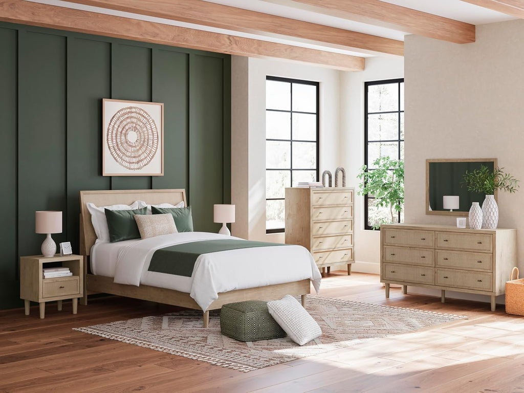 Signature Design by Ashley Cielden French Country 6-Drawer Dresser and Mirror with Safety Stop, Light Brown