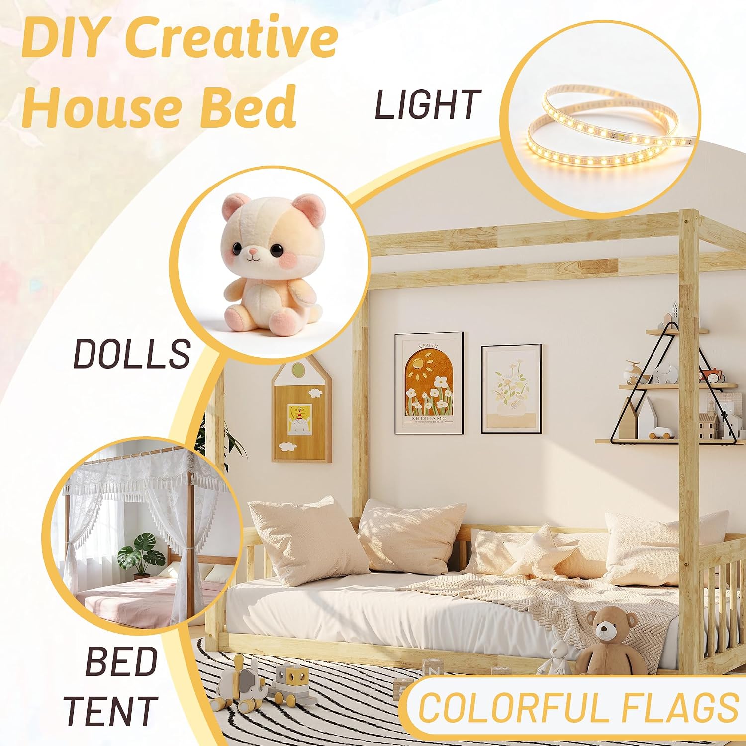 Twin Size Montessori Floor Bed with Canopy Frame and High Guardrails, Solid Wood Twin Canopy Bed with 4 Posters, Safe and Stylish Canopy Twin Bed for Kids Girls Boys,Natural