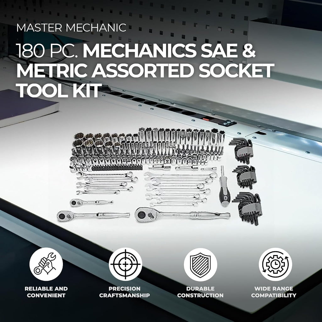 Master Mechanic 180 Piece Mechanics SAE and Metric Socket Tool Kit with 1/4, 3/8, and 1/2 Inch Drive, Assorted Bits, Adapters, Wrenches, and Hex Keys