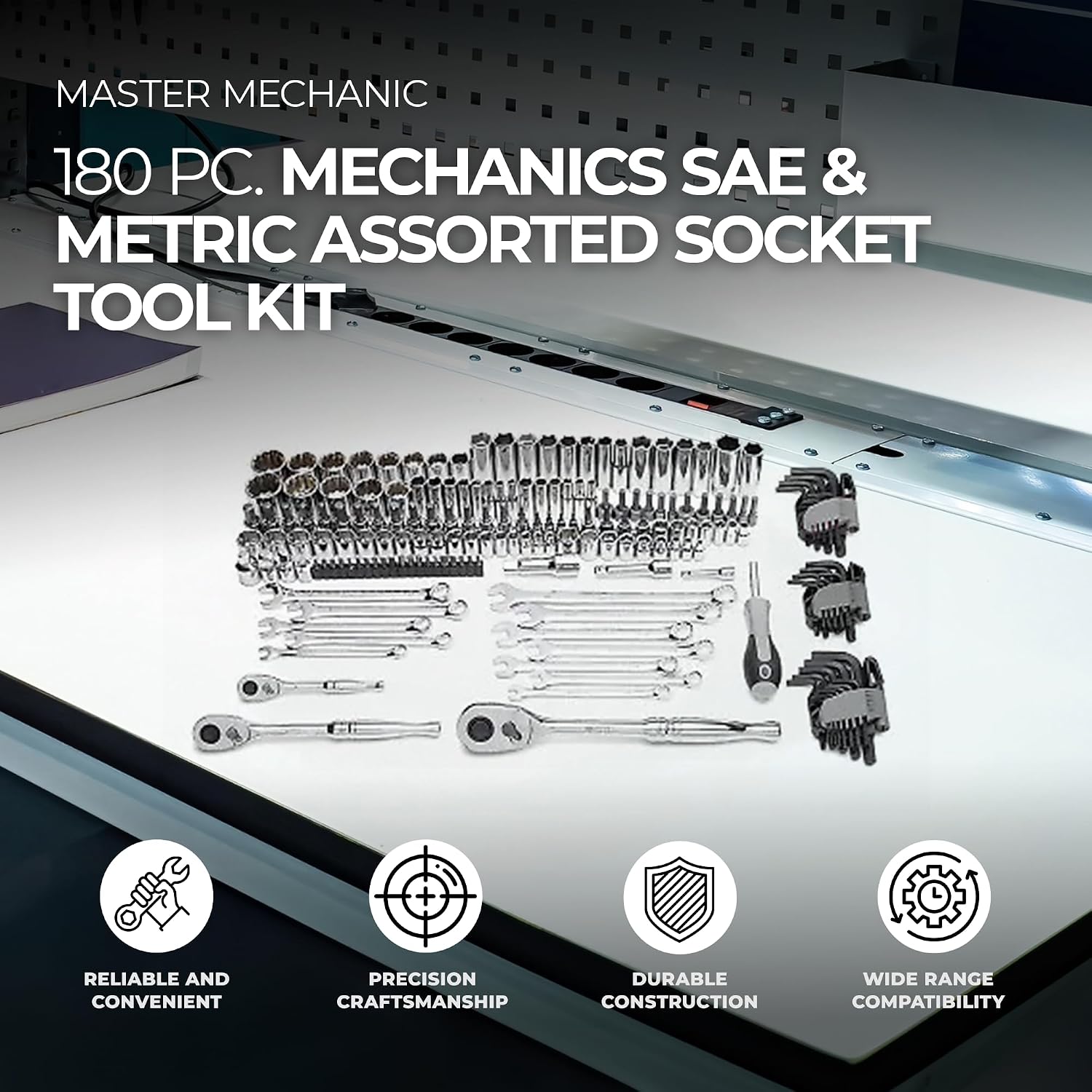Master Mechanic 180 Piece Mechanics SAE and Metric Socket Tool Kit with 1/4, 3/8, and 1/2 Inch Drive, Assorted Bits, Adapters, Wrenches, and Hex Keys