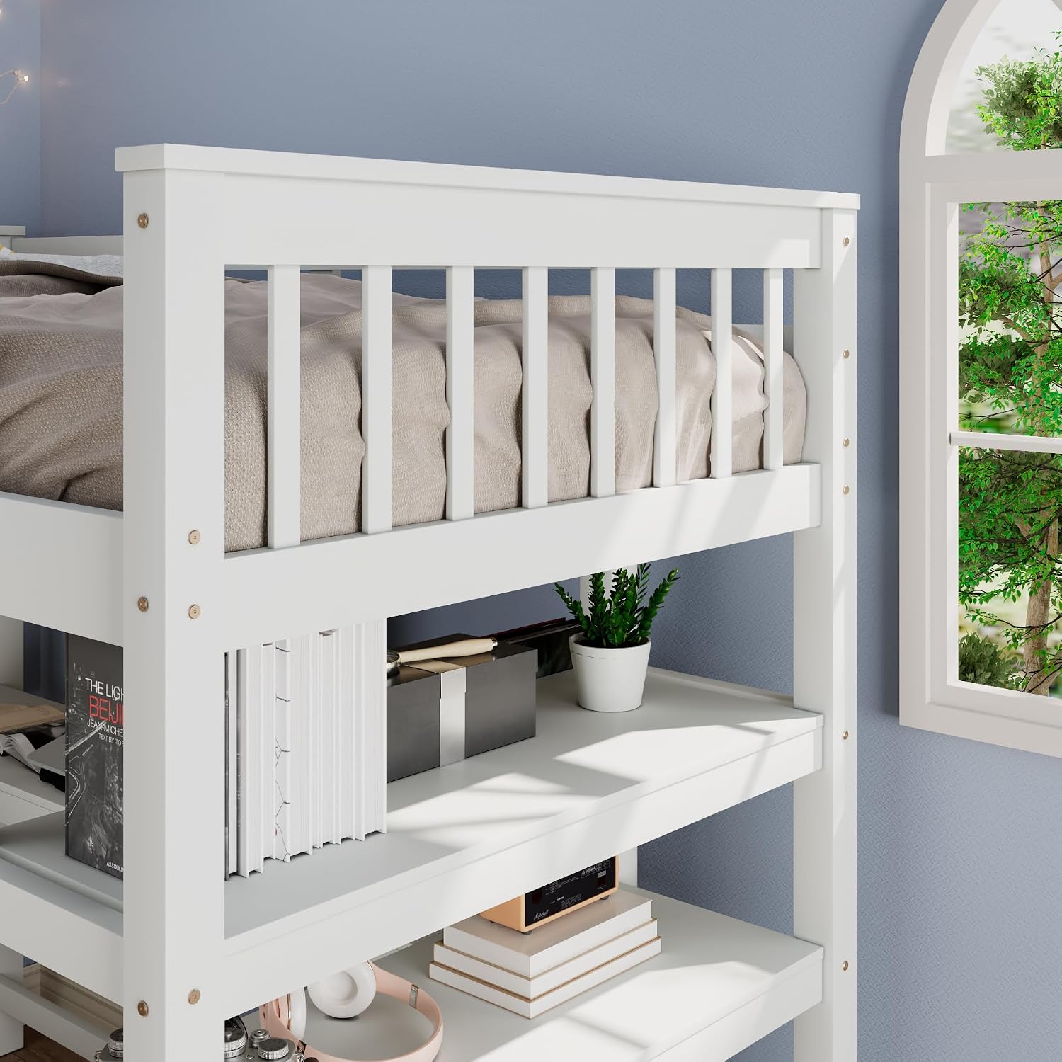 Merax Wood Loft Bed,Loft Bed with Desk and Shelves with 4-Storage Shelves and Under-Bed Desk,Solid Wood Bed, Full Size,White