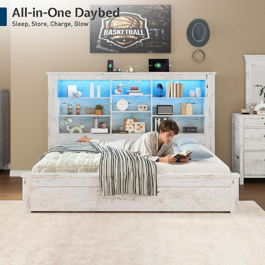 Jocisland Twin Bed Frame with Storage Drawers, Bookcase Headboard, USB Charging, RGB Lights, Farmhouse Wood Daybed No Box Spring Needed, Distressed White | 49' tall shelving