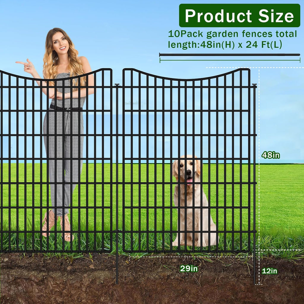 10 Panels No Dig Dog Fence Outdoor for Yard, 48 in (H) x 23.6 ft (L) Animal Barrier Fence Rustproof Metal Wire Panel Border for Dog, Tall Garden Fenceing Panels Temporary Ground Stakes for Yards,Patio