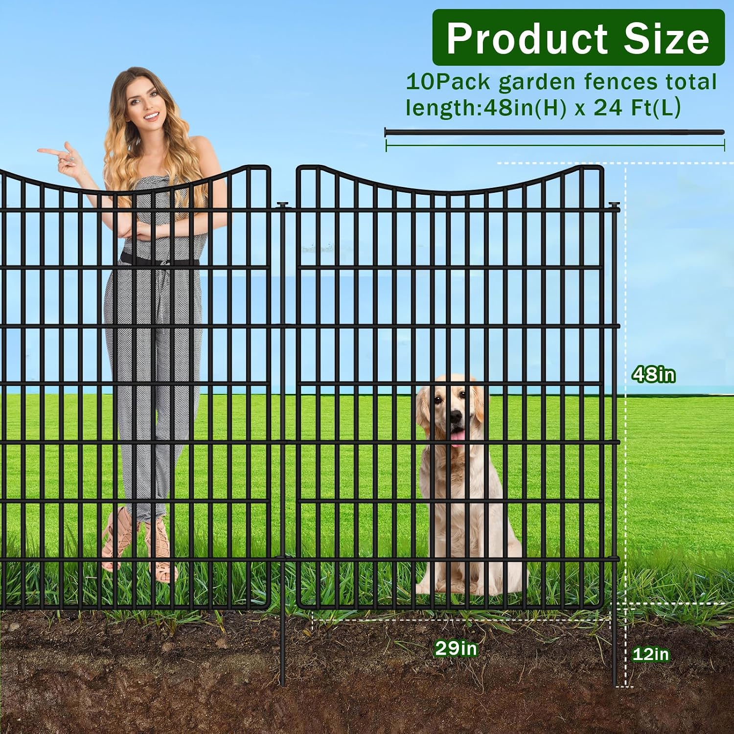 10 Panels No Dig Dog Fence Outdoor for Yard, 48 in (H) x 23.6 ft (L) Animal Barrier Fence Rustproof Metal Wire Panel Border for Dog, Tall Garden Fenceing Panels Temporary Ground Stakes for Yards,Patio